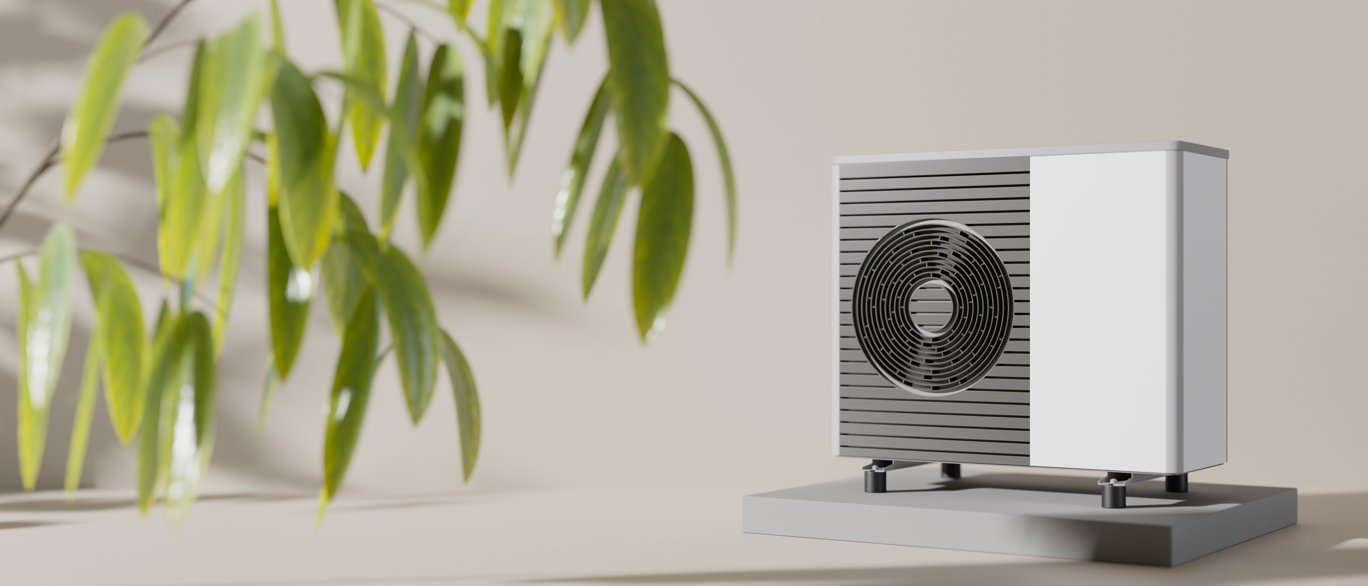 Air Heat Pump and Leaves on Beige Background. Modern, Environmentally Friendly Heating. Air Source Heat Pumps Are Efficient and Renewable Source of Energy. Banner. 3D Rendering.